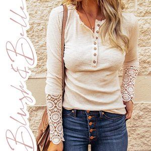 SADIE Ecru Crochet Lace Sleeve Henley Top